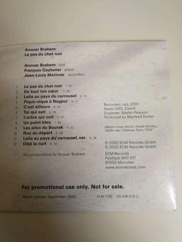 Anouar Brahem - Le Pas Du Chat Noir (CD, Album, Promo) - Image 2
