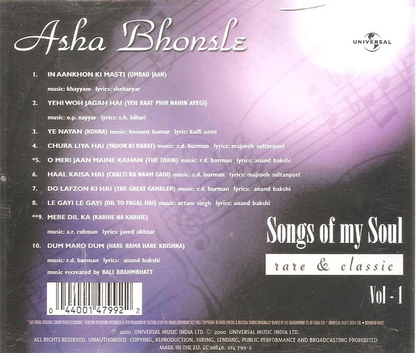 Asha Bhonsle* - Songs Of My Soul Vol. 1 - Rare And Classic (CD, Comp) - Image 2