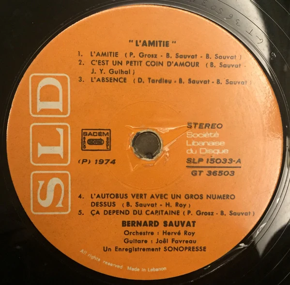 Bernard Sauvat - L'Amitié (LP, Album) - Image 3
