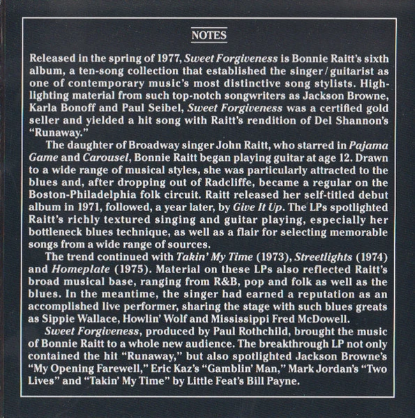 Bonnie Raitt - Sweet Forgiveness (CD, Album, RE, RM) - Image 3
