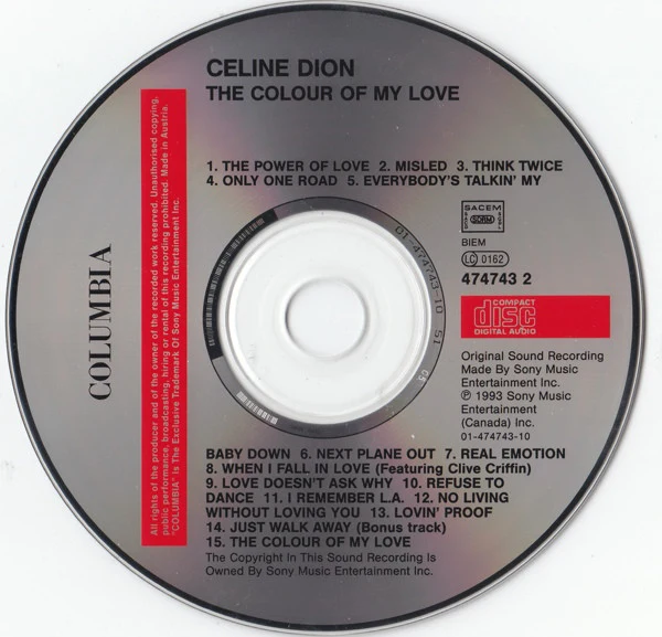 Celine Dion* - The Colour Of My Love (CD, Album) - Image 3