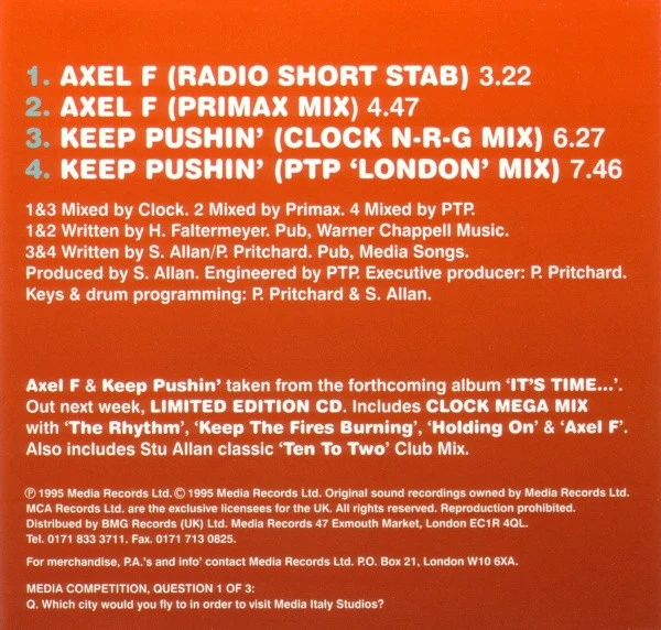 Clock - Axel F / Keep Pushin' (CD, Single, CD1) - Image 2
