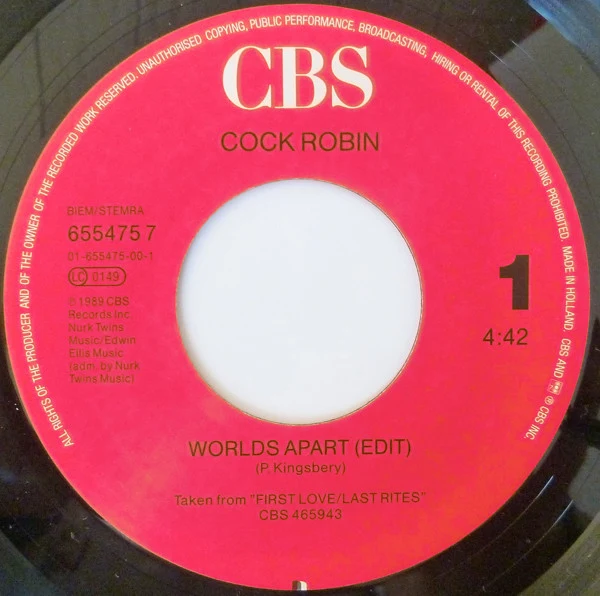 Cock Robin - Worlds Apart  (7", Single) - Image 3