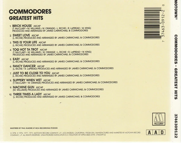 Commodores - Greatest Hits (CD, Comp) - Image 2
