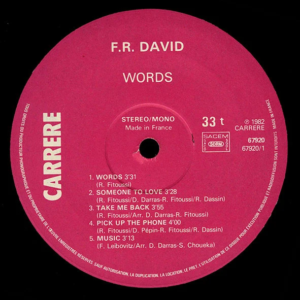 F.R. David - Words (LP, Album) - Image 3