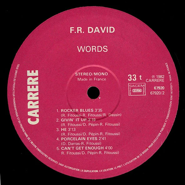 F.R. David - Words (LP, Album) - Image 4