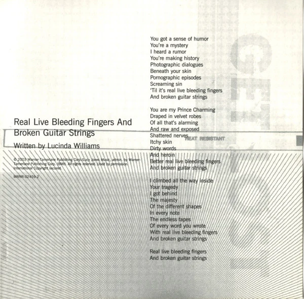 Lucinda Williams - Real Live Bleeding Fingers And Broken Guitar Strings (CD, Single, Promo) - Image 2