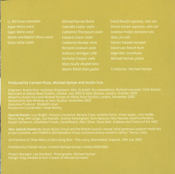Michael Nyman, U. Shrinivas*, Rajan & Sajan Misra - Sangam (Michael Nyman Meets Indian Masters) (CD, Album) - Image 4