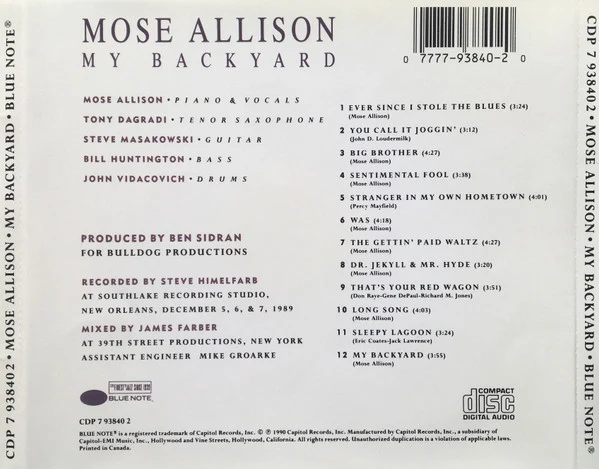 Mose Allison - My Backyard (CD, Album) - Image 2