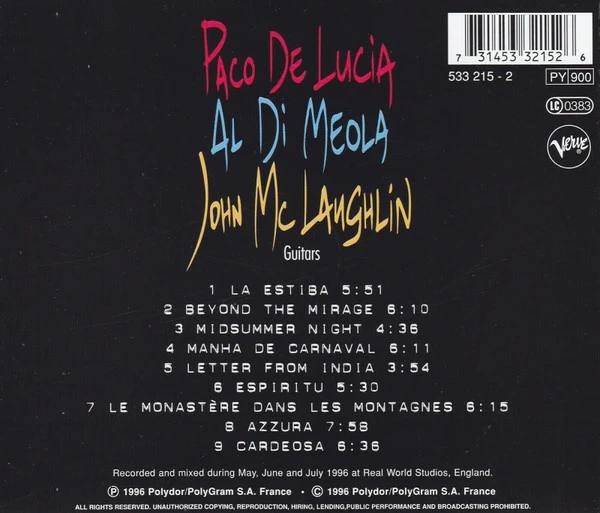 Paco De Lucía, Al Di Meola, John McLaughlin - The Guitar Trio (CD, Album, RE) - Image 2