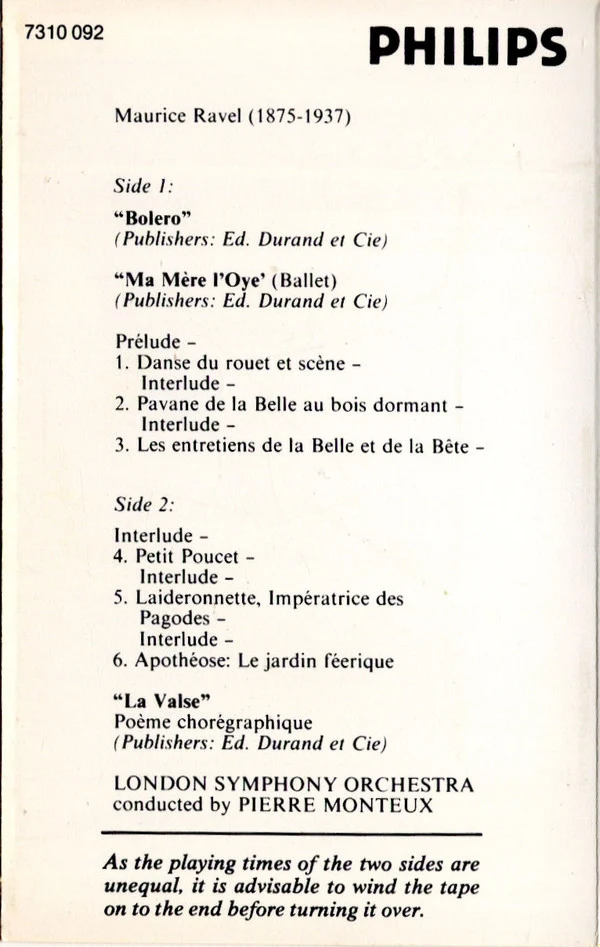 Ravel* : London Symphony Orchestra, Pierre Monteux - Bolero, "Ma Mère L'Oye" / La Valse (Cass, Album, RE, Dol) - Image 5