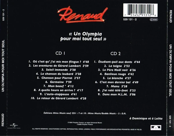 Renaud - Un Olympia Pour Moi Tout Seul (2xCD, Album, RE) - Image 2