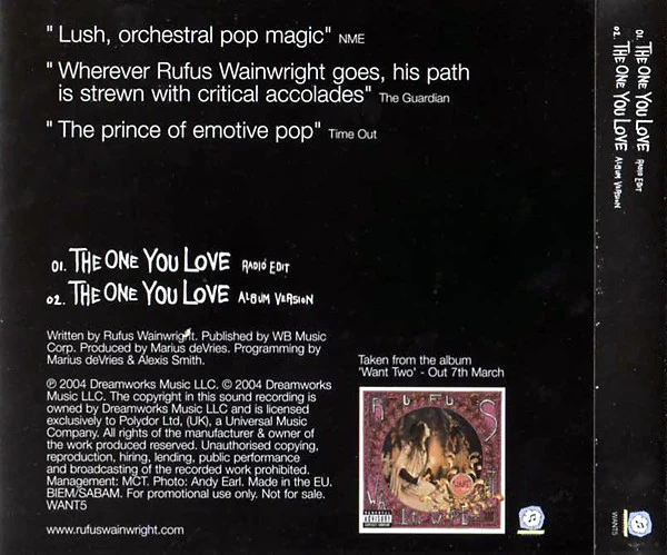 Rufus Wainwright - The One You Love (CD, Single, Promo) - Image 2