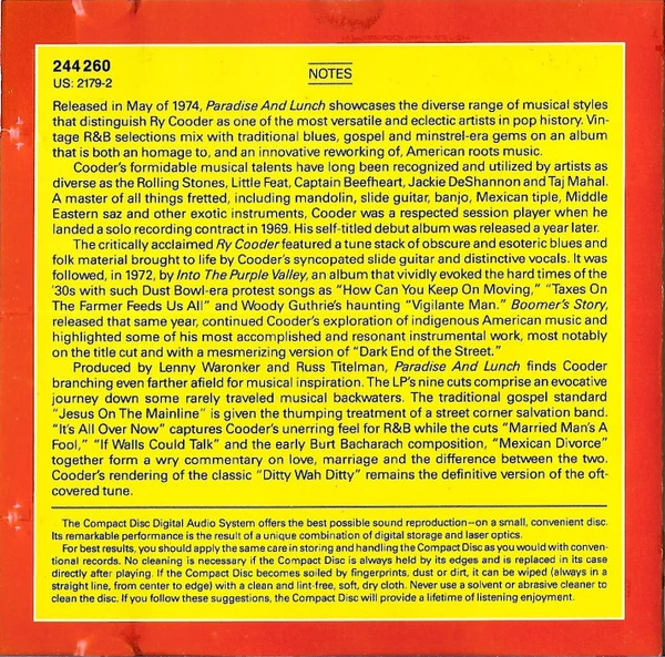 Ry Cooder - Paradise And Lunch (CD, Album) - Image 4