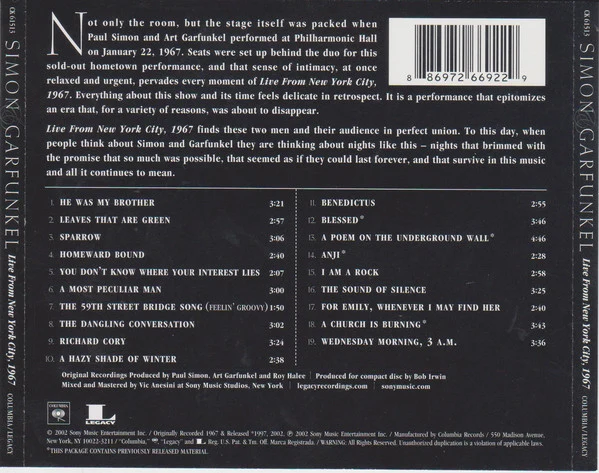 Simon & Garfunkel - Live From New York City, 1967 (CD, Album, RE) - Image 2