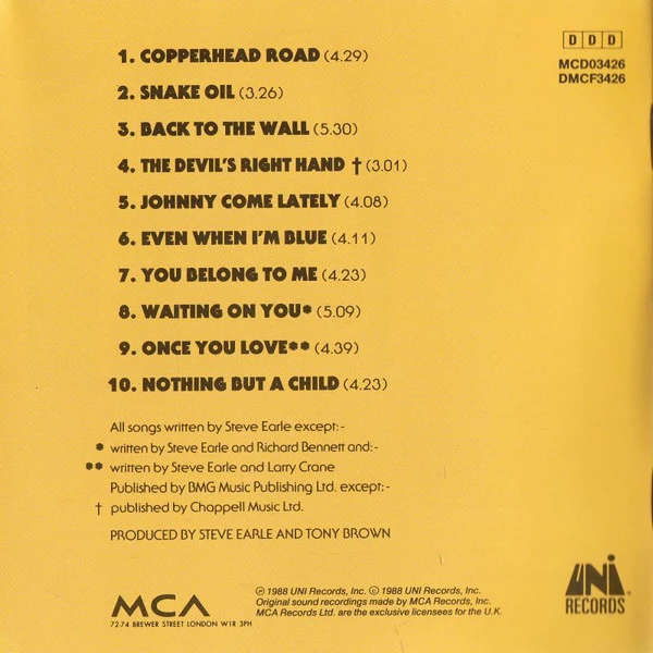 Steve Earle - Copperhead Road (CD, Album) - Image 4