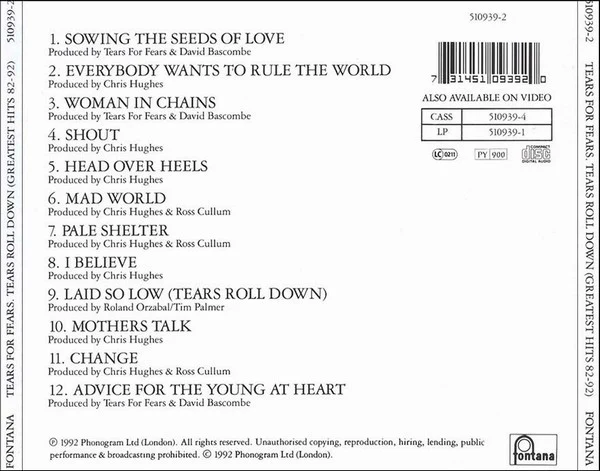 Tears For Fears - Tears Roll Down (Greatest Hits 82-92) (CD, Comp, RP) - Image 3