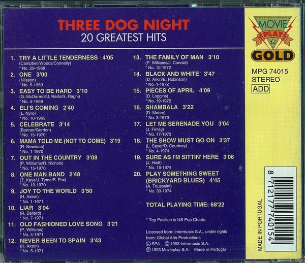 Three Dog Night - 20 Greatest Hits (CD, Comp) - Image 2