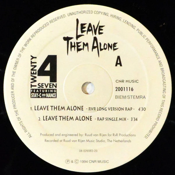 Twenty 4 Seven Featuring Stay-C And Nance - Leave Them Alone (12") - Image 3